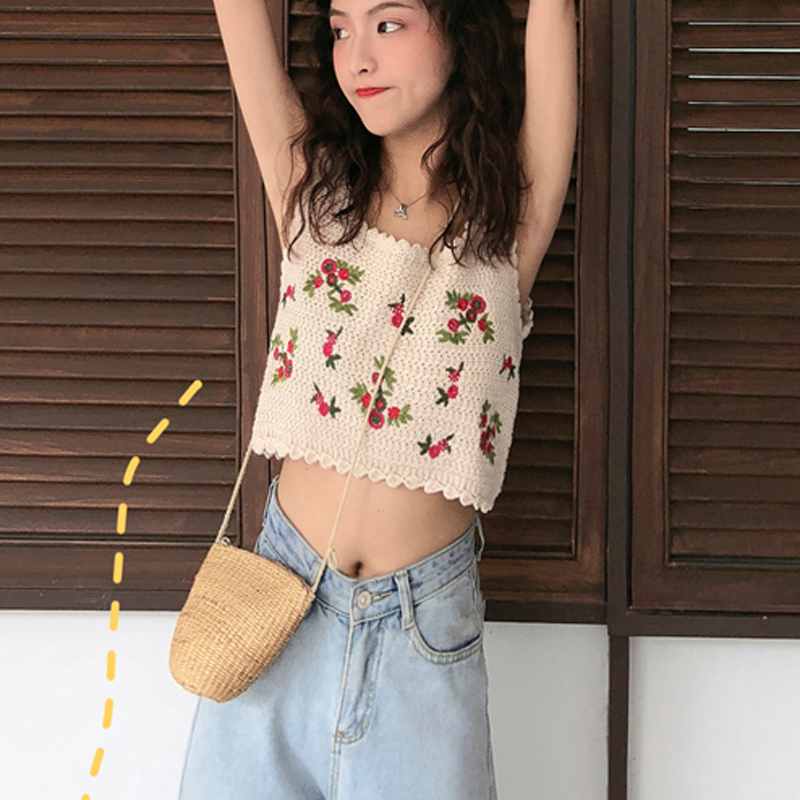 

Lovely Knitted Tank Tops 2020 Summer Embroidery Women'S Vest Hollow Out Short Camis Female Tanks Top BB520, Beige