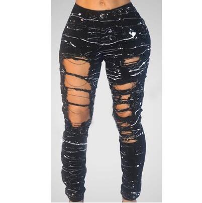 

Wholesale-Women Ripped Jeans Mid-waist Hole Chain Jeans Paint Pants Skinny Destroyed Pants Hole Trousers Stretch Jeans femme, Blue