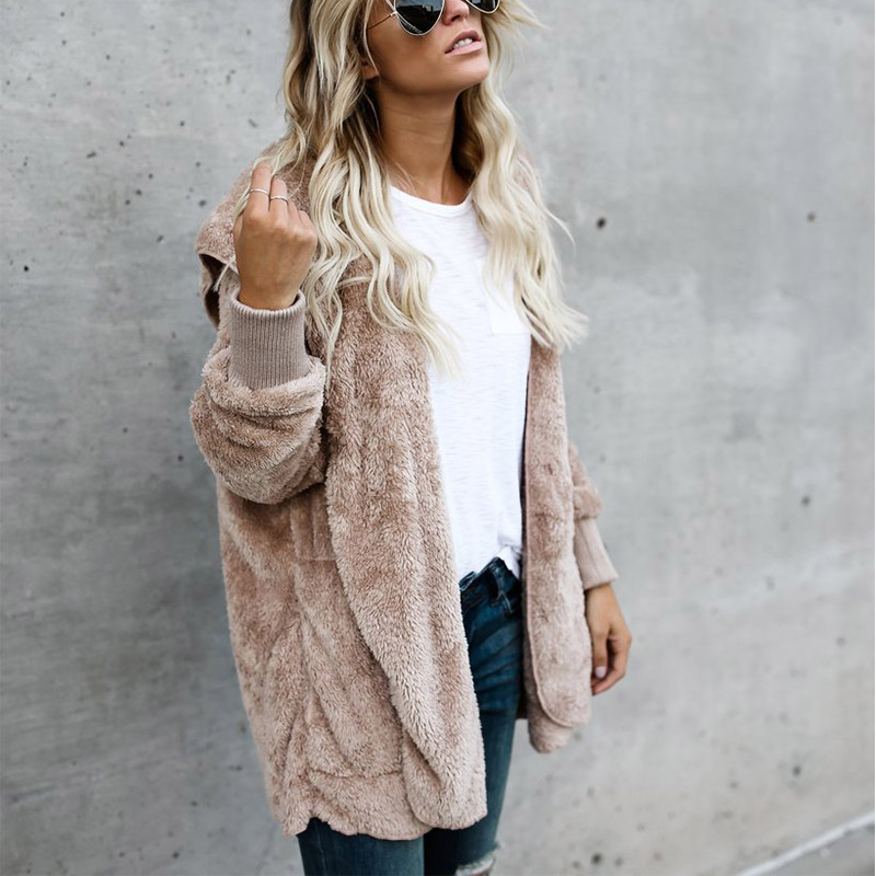 

JRNNORV Spring Faux Fur Teddy Bear Coat Jacket Women Fashion Open Stitch Hooded Coat Female Long Sleeve Fuzzy Warm Jacket, Ba00057-15