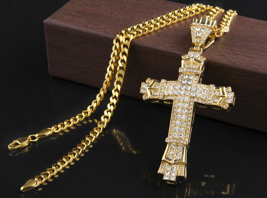 

New Retro Chram Cross Pendant Necklaces with Diamond Women Men's Hip Hop Necklace with Long Cuban Chain Silver and Gold colors