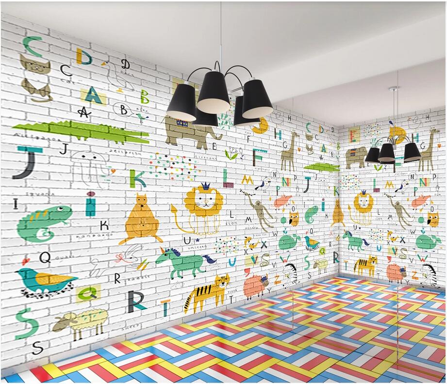 

3d wall murals wallpaper custom photo on the wall Alphabet animal cartoon brick wall background wallpaper 3d large sizemurals for children, Non woven wallpaper