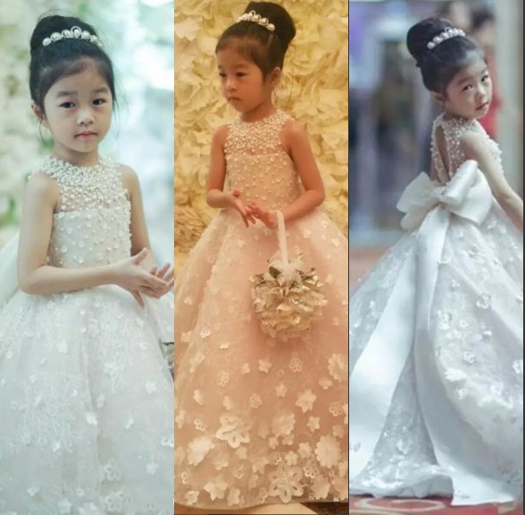 

New Flower Girls Dresses Jewel Neck 3D Flowers Bow Belt Beaded Pearls Princess Floor Length Kids Bridesmaid Dress Girls Pageant Ball Gown, Pink