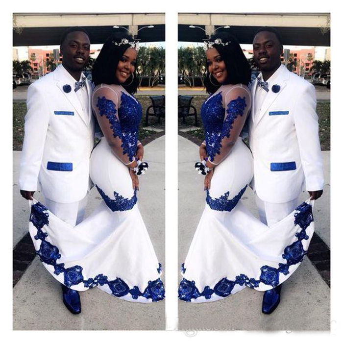 

Royal Blue Lace Aso Ebi African Prom Dresses Long Illusion Sleeves Applique Evening Formal Gowns Pageant Celebrity Dress, Champagne
