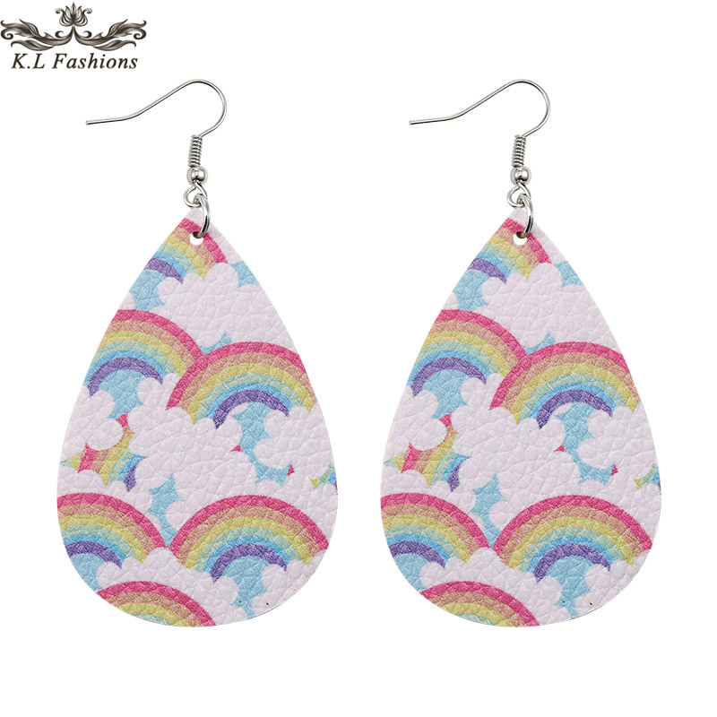 

Fashion Rainbow Leather Earrings for Women Boho Geometry Plaid Heart Pattern Water Drop Earrings Star Lattice Teardrop Earring Jewelry