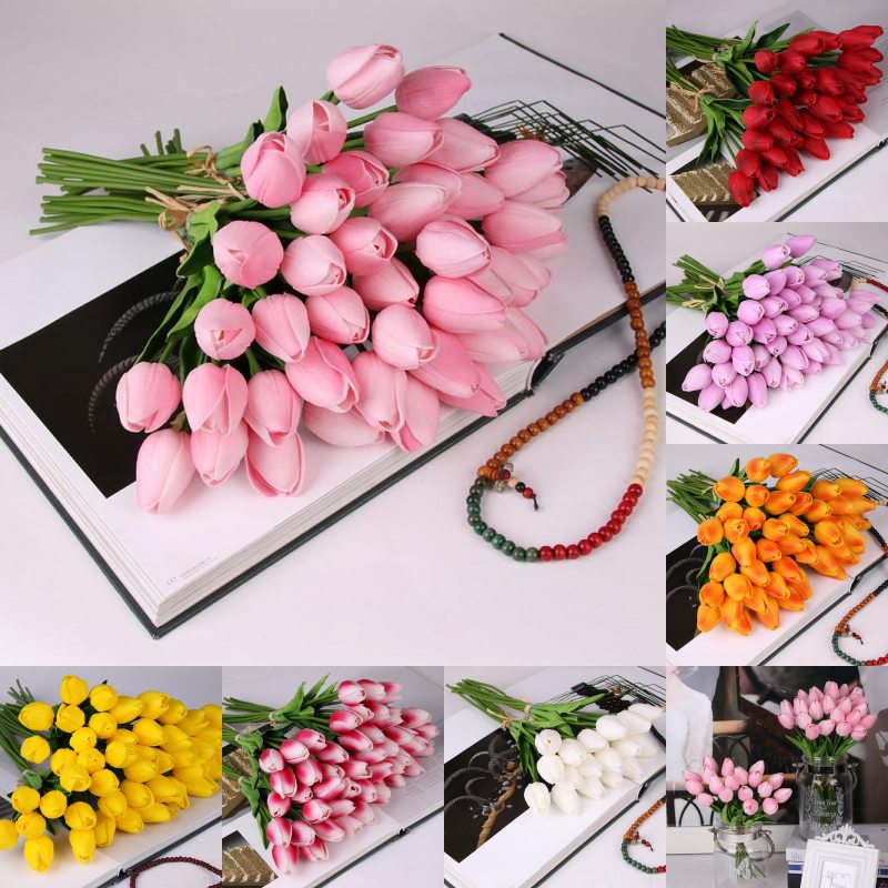 

Latex Tulips Artificial PU Flower bouquet Real touch flowers For Home decoration Wedding Decorative Flowers 7 Colors Option, As pic