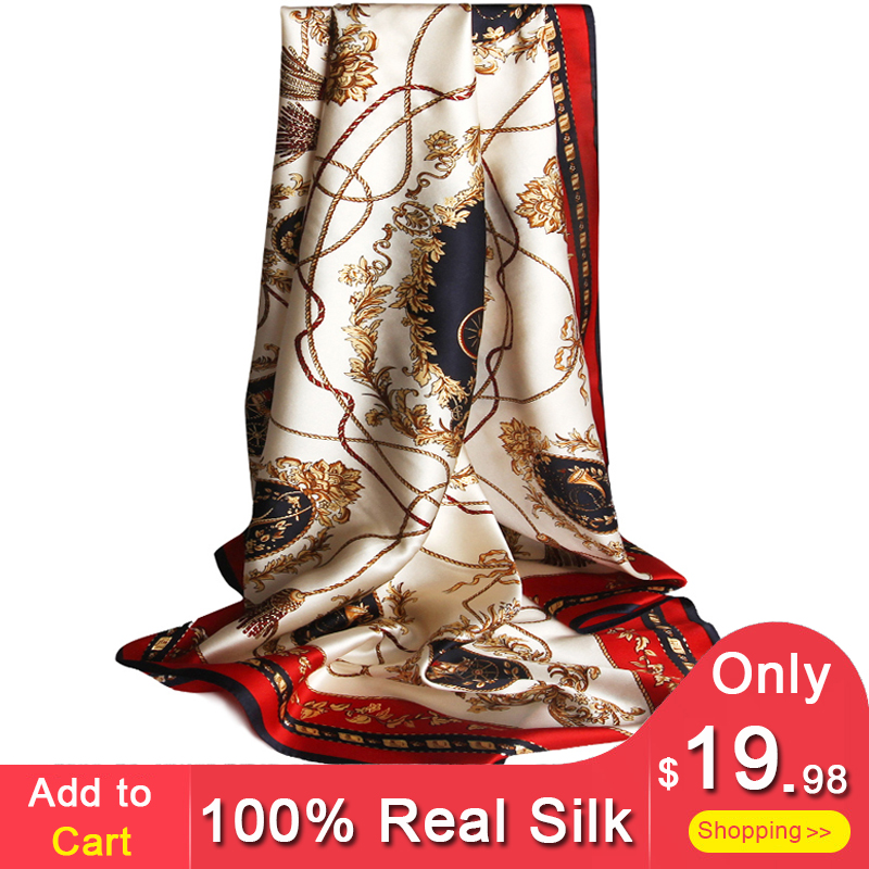 

100% Pure Silk Scarf 90*90cm Women 2018 Silk Shawls and Wraps for Ladies Headscarves Bandana Natural Square Scarves