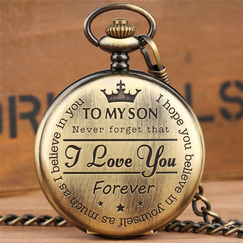 

Steampunk Retro 'TO MY SON NEVER FORGET THAT I LOVE YOU Pocket Watch Men Boy Analog Quartz Pendant Chain Special Gift, Gray