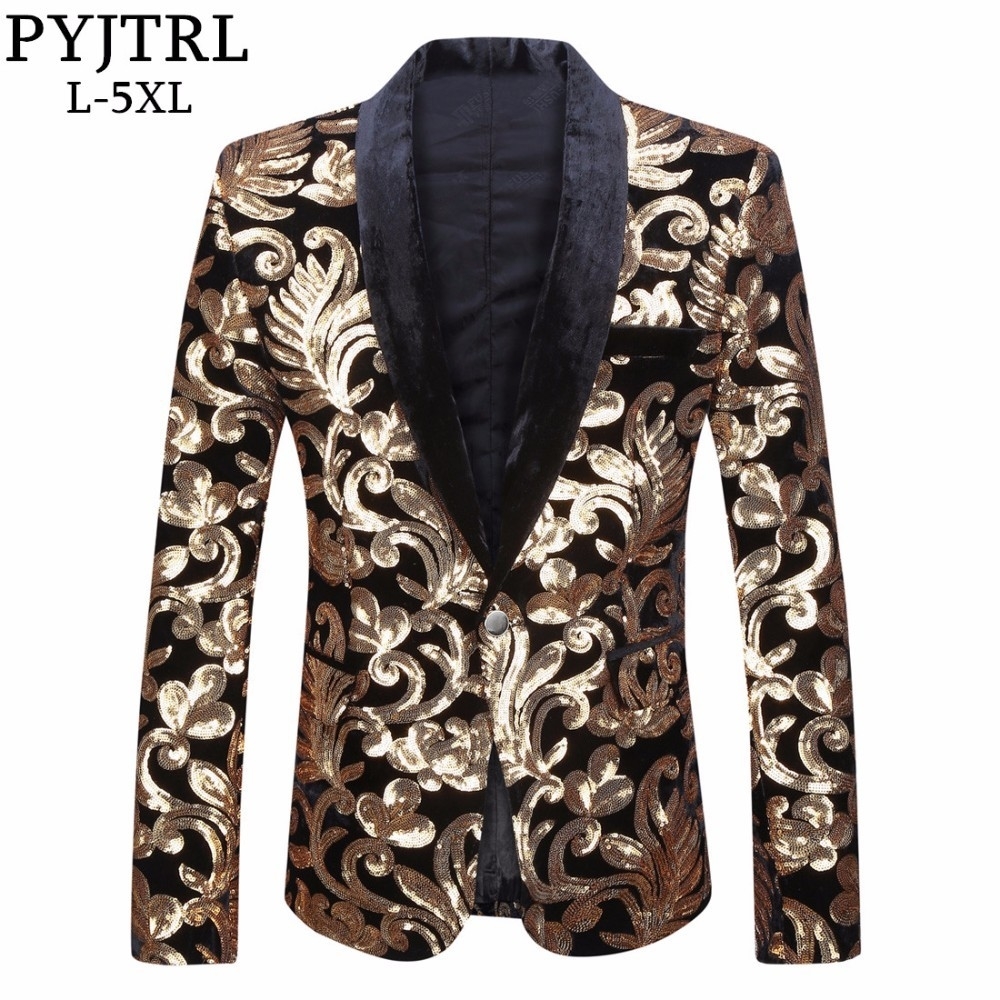 

PYJTRL Men Shawl Lapel Blazer Designs Plus Size 5XL Black Velvet Gold Flowers Sequins Suit Jacket DJ Club Stage Singer Clothes CJ191210, Blue blazer