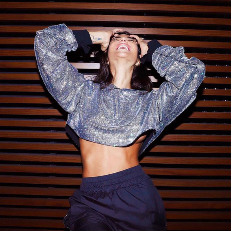 

Glitter Coat Pullover Crop Top Hoodies Casual Loose Sparkle Bling Long Sleeve Nightclub Costumes Laser Streetwear 2019 Autumn, Silver