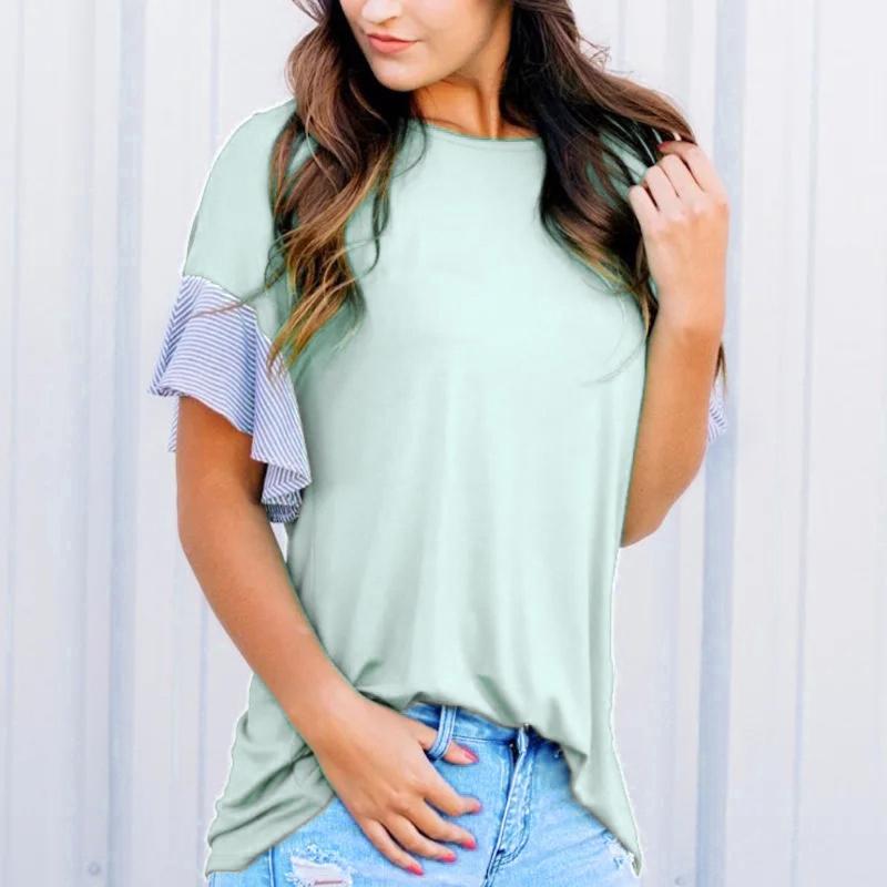 

Leisure Women' T-shirt O-neck Stripe Outwear Clothes T-Shirts Splicing Ruffles Short Sleeve Shirts Loose Tops Comfortable Tees