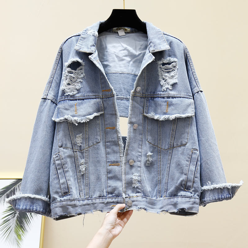 

Women' Denim Jacket 2019 Autumn Denim Blue Loose Basic Coats Long Sleeve Casual Holes Jeans Jackets Outerwear Large Size R963, Beige