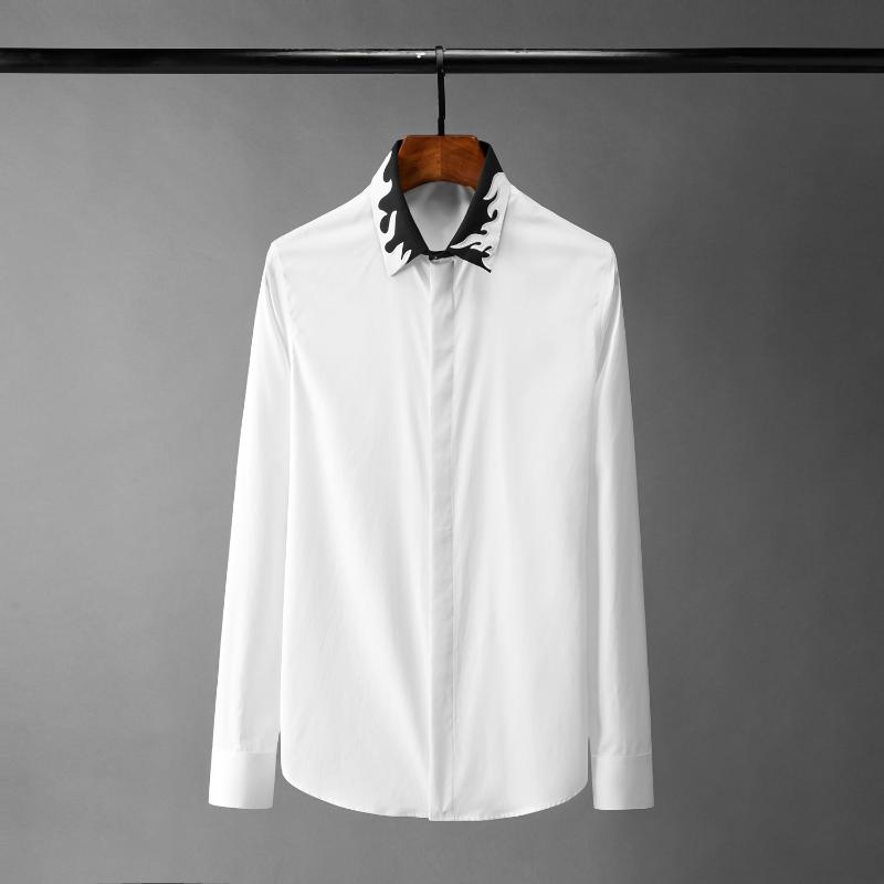 

New Flame Embroidered Mens Shirts Luxury Long Sleeve Black White Casual Man Shirts Plus Size 4xl Slim Fit Party Male