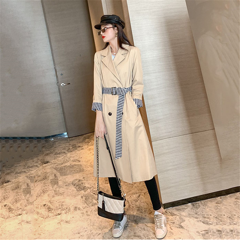 

Plaid Trench Coats Women 2020 New Model Windbreaker Spring Overknee Long Coat Vintage Fashion Contrast Color Sashes Windbreakers, Photo color