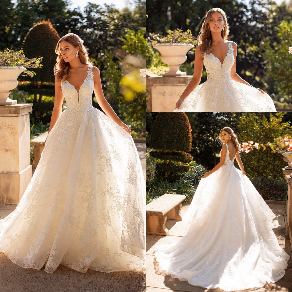 

2020 Wedding Dresses Deep V Neck Lace Appliques Beads Beach Bridal Gowns Custom Made Backless Sweep Train A Line Wedding Dress, Black
