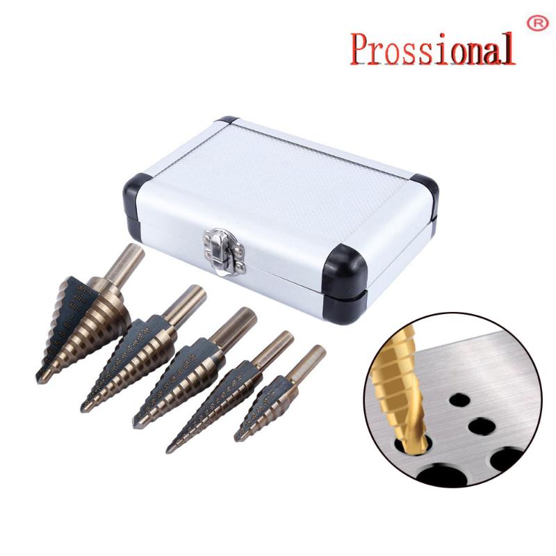 

NEW hot sale 5pc Large Cobalt Step Drill Bit with Case HSS Step Titanium Core Drill Multiple Hole Cutter Bit Set Tools