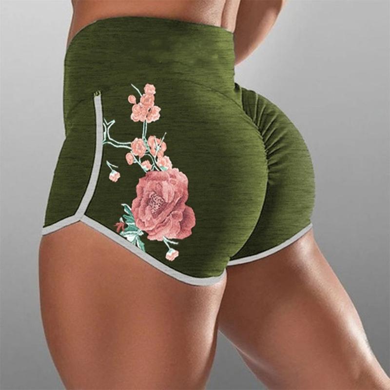 

High Waist Yoga Shorts Womens Floral Workout Shorts Scrunch Hip Fitness Slim Gym Yoga Sports Leggings, Black