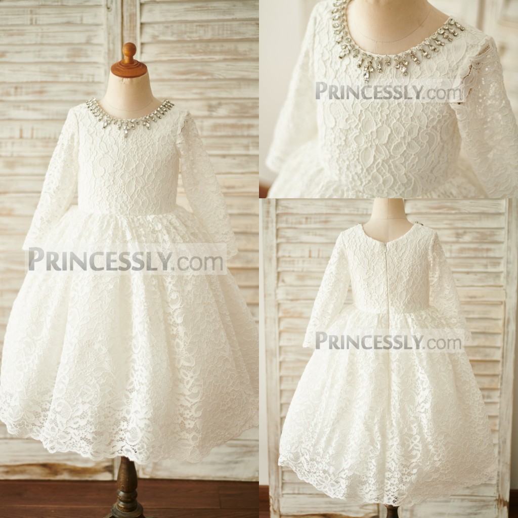 

White Lovely Ball Gown Flower Girl Dress Jewel Neck Long Sleeve Applique Rhinestone Wedding Dress Tea Length Girl's Birthday Part, Green