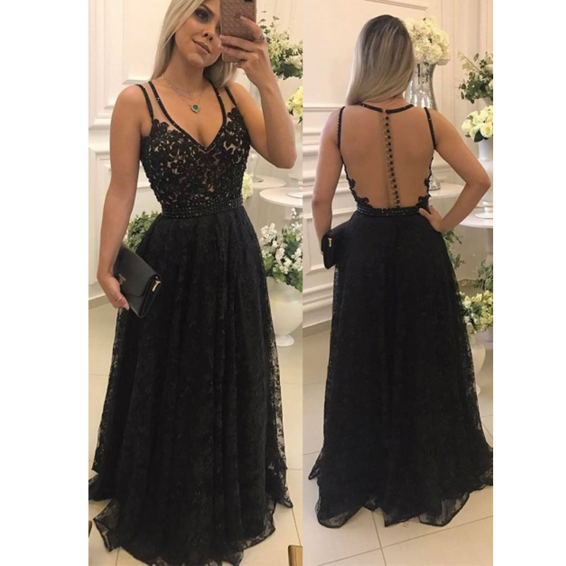 

Black Lace A Line Cheap Prom Dress V Neck Custom Evening Dress Backless Covered Buttons Red Carpet Party Gown, Silver