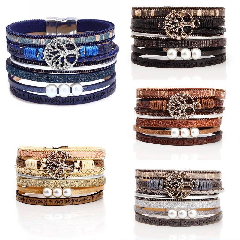 

5 Colors Womens Boho Wrap Leather Bracelet Pearls Multilayer Wide Tree of Life Bracelets Bohemian Jewelry for Women Men Wristband 2020