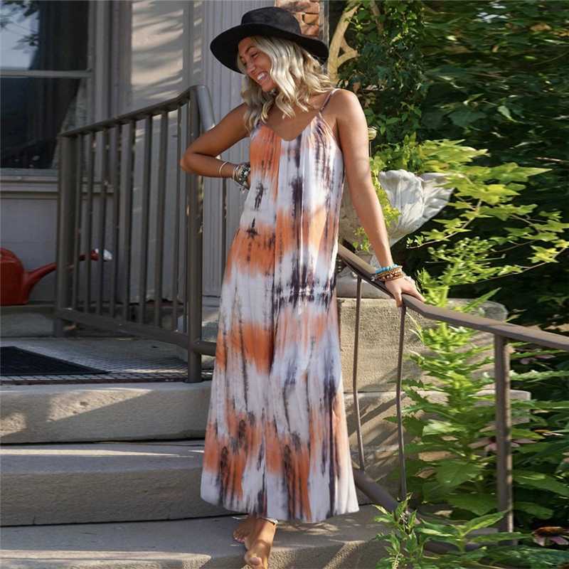 

Summer Dresses Women Boho Strap Long Maxi Dress Beach Dress Sundress Tie-dye vestidos Holiday Loose robe de plage femme