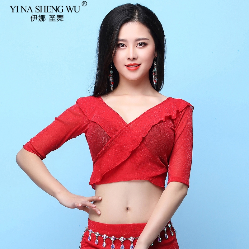 

New Women's Belly Dance Costume Sexy Transparent T-Shirt Silver Net Half Sleeve Tops&Tees Oriental BellyDance Top Practice Wear, Red