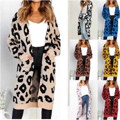 

Womens Designer Knit Cardigan Leopard Print Sweaters for Youth Girls Casual Tops Extended Knit Cardigan Clothing Coat 10 Styles, Khaki1