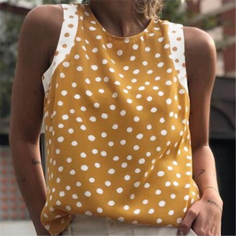 

Feitong Summer Plus Size Women Vintage Tops Blouses Fashion Casual Loose Round Neck Polka Dot Printed Sleeveless Tops blusas, Blue