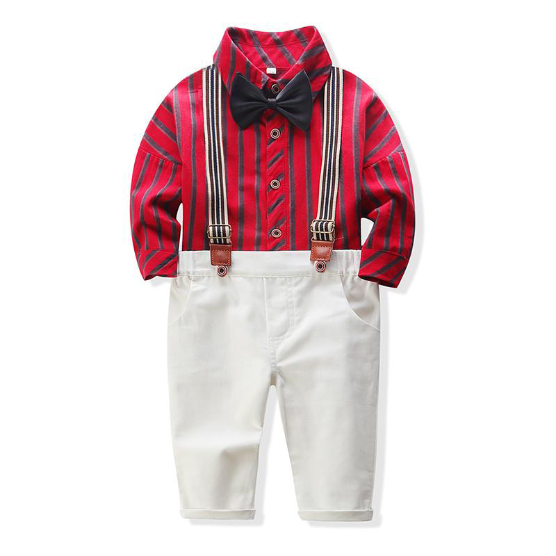 

Boys autumn suit 2020 new casual children's long-sleeved striped shirt children's bow tie suspeSetnders two-piece suit gentleman, Red