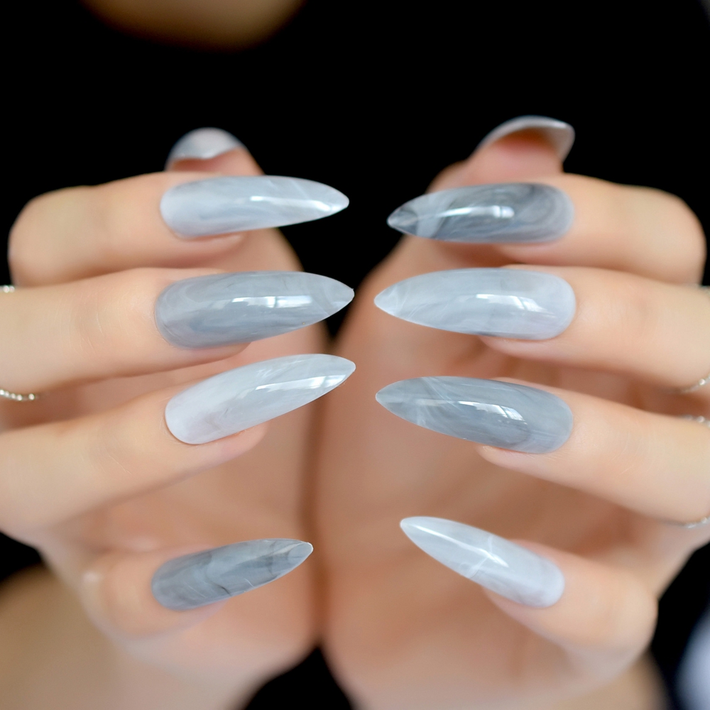

Extra Long Gray Marble Stiletto False Nails Tips Oval Sharp End Stilettos Fake Nail ABS Artificial DIY UV Gel Nail Art Tips, Brown