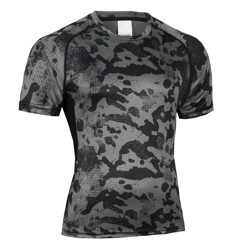 

New 2020 Summer sport Active GYM Fitness Running jogging skinny tights sportswear Camouflage Men short sleeve Running T-Shirts, Black
