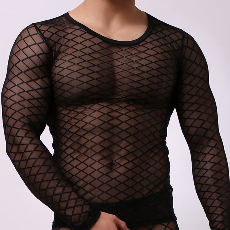 

Sexy Men Mesh Long Sleeve T-shirt Gym Fitness Breathable Sports Clothing Round Neck Sportswear Men's Running Shirt, White