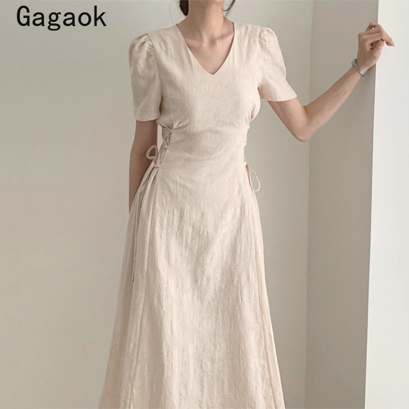 

Gagaok Women Vintage A-Line Dress 2020 Summer New Solid V-neck Lace Up Empire Vestidos Short Mid-Calf Slim Chic Wild Dresses, Gray