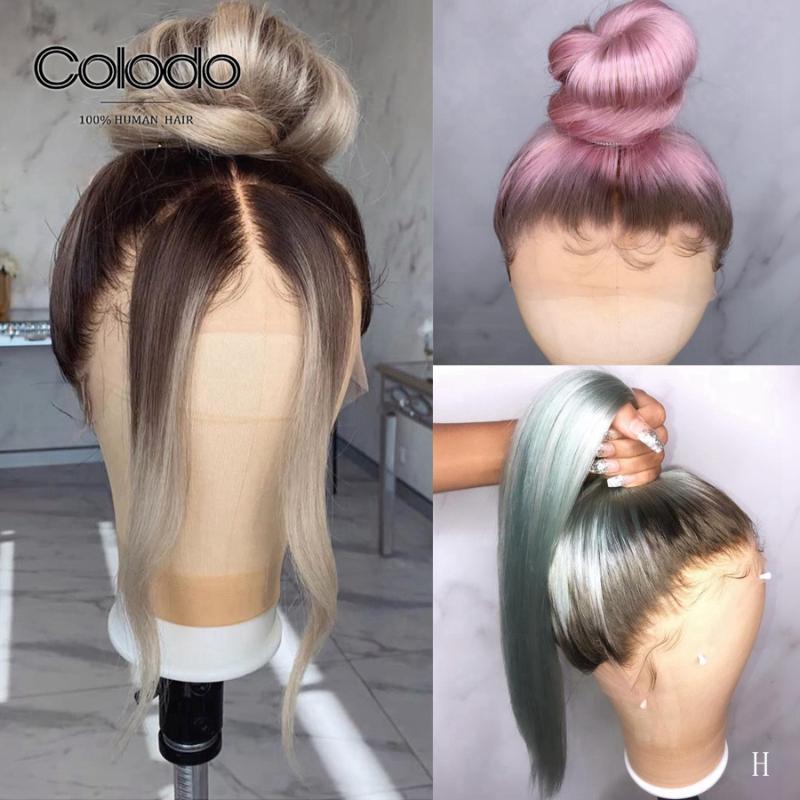 

COLODO Puruvian Wig Glueless 13x6 Ombre Straight Lace Front Wig Pre Plucked Remy Hair Pink Transparent Lace Wigs for Women, Ombre pink
