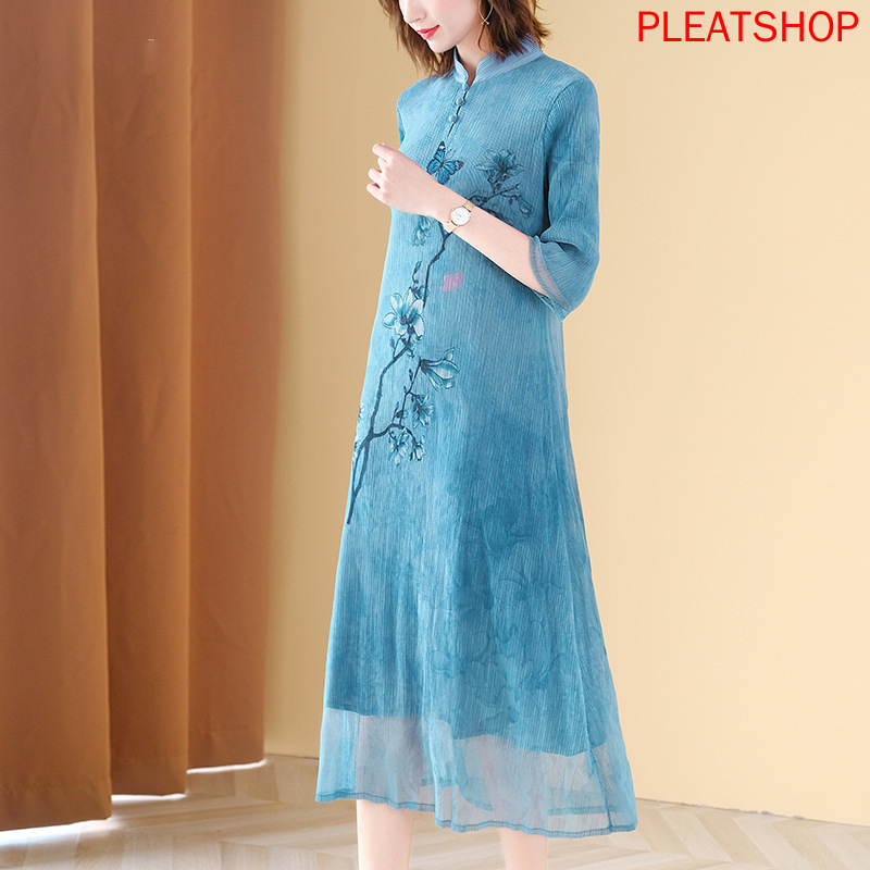 

Autumn New Women's Large Size Slim Retro Printed Modified Cheongsam Pleats Clothes