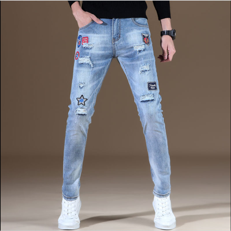 

high quality Fashion trend hole sky blue embroidery badge jeans men's slim stretch feet pants men's summer trousers -ker, 1772