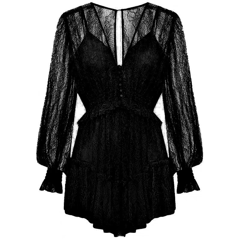

Women Elegant Sweet Lace Playsuit High Waist Tunic Playsuit Rompers 2020, Black