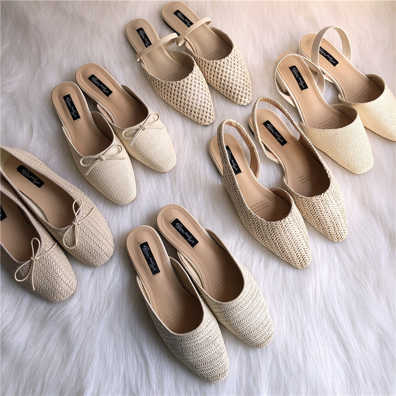 

Cane Weaving sandals women solid beige bowtie sandalias ladies ankle strap breathable summer shoes pointed toe flipflops women