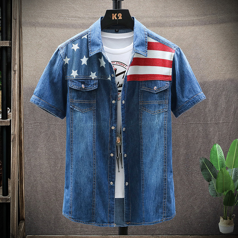 

2020 New Men Short Sleeve Denim Shirt Mens Fashion Patchwork Summer Casual Jean Shirts Man Wash Slim Fit Cowboy Shirts Male 3XL, Blue