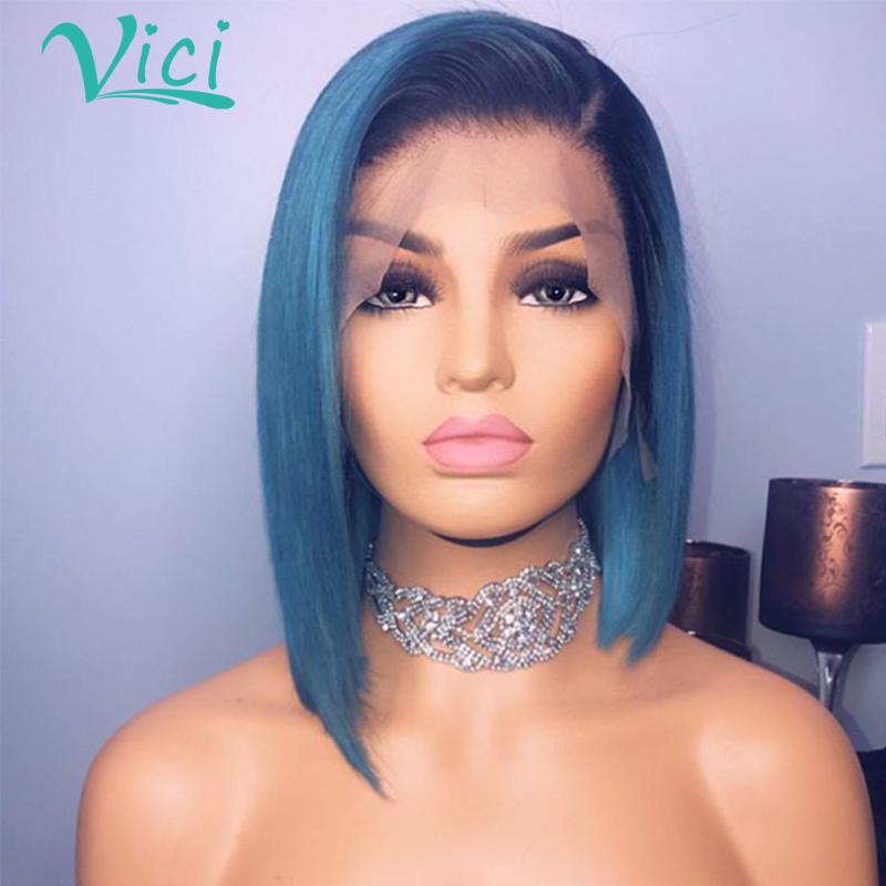 

Short Human Hair Wigs 13x6 Lace Front Wig Blue Wig Ombre Human Hair Colored Wigs 1B Blue 130% For Black Women, As pic