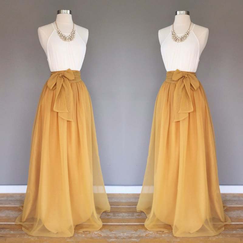 

Women Elegant Chiffon Long Maxi Skirt with Bow Sash Satin Lining Elastic Waist Bridesmaid Skirt Faldas Mujer Moda