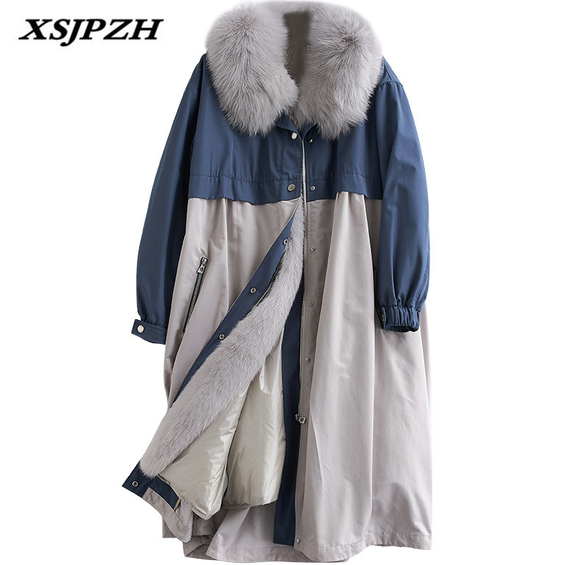 

2018 New Women' Winter Parker Down Jacket Long Fur Collar Hooded Outer Detachable Down Liner Thick Warm Fur Coat LB291, Gray-blue