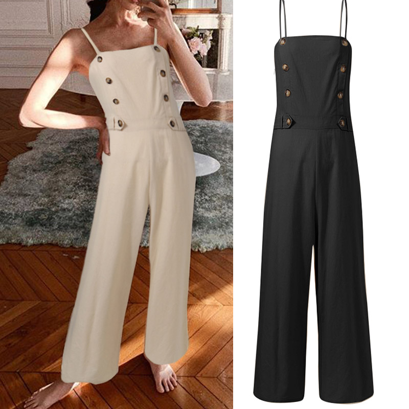 

Fashion Celmia Playsuits Women Casual Party Jumpsuits Summer High Waist Vintage Linen Rompers Loose Buttons Sleeveless Long Pant, Beige