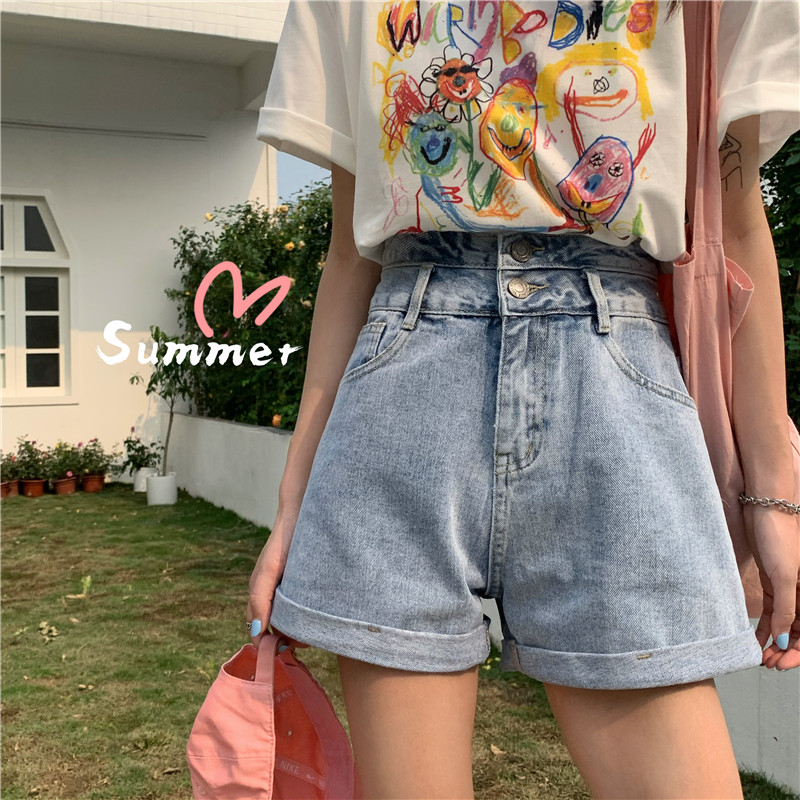 

New Arrival Chic Fashionable Shorts for Women Summer Casual High Waist Button Old Button Fitted Frayed Denim Shorts, Blue