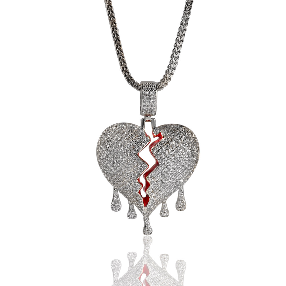 

Fashion Broken Heart Pendant Necklaces Full Rhinestone Shining Boys Rock Rapper Necklace Tennis Chain Mens Hip Hop Jewelry For Gift Sale