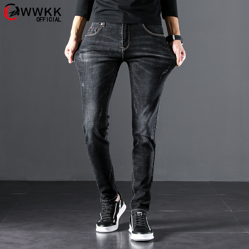 

WWKK 2020 Men's Jeans Spring and Summer Skinny Jeans Straight Casual Slim cotton Business Casual Elastic Large size 37 38, Black