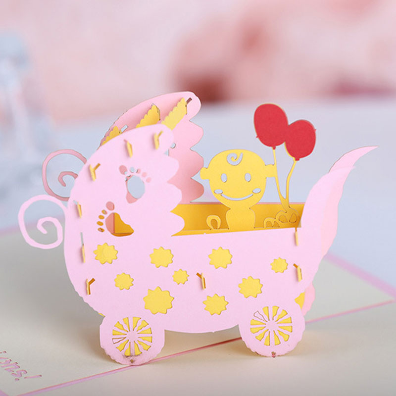 

Baby shower Carriage Greeting Cards For Celebrate Handmade Creative 3D Pop UP Birthday Wish Gift Cards Party Supplies Free Shipping