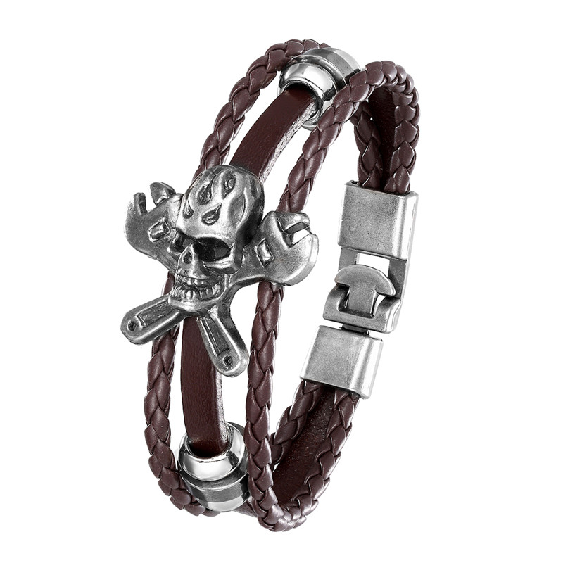 

Genuine leather men's classic skull bracelet jewelry with handmade charm multilayer alloy handmade gifts for cool men