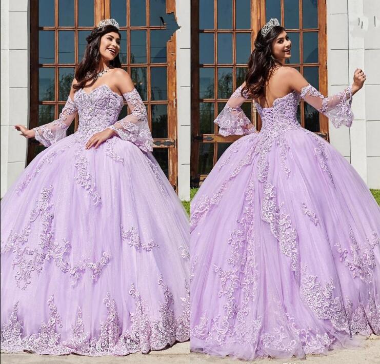 

Popular Lavender Long Sleeves Quinceanera Dresses 2020 New Lace Applique Plus Size Lace Up Church Bridal Wear Sweet 16 Prom Gowns, Ivory