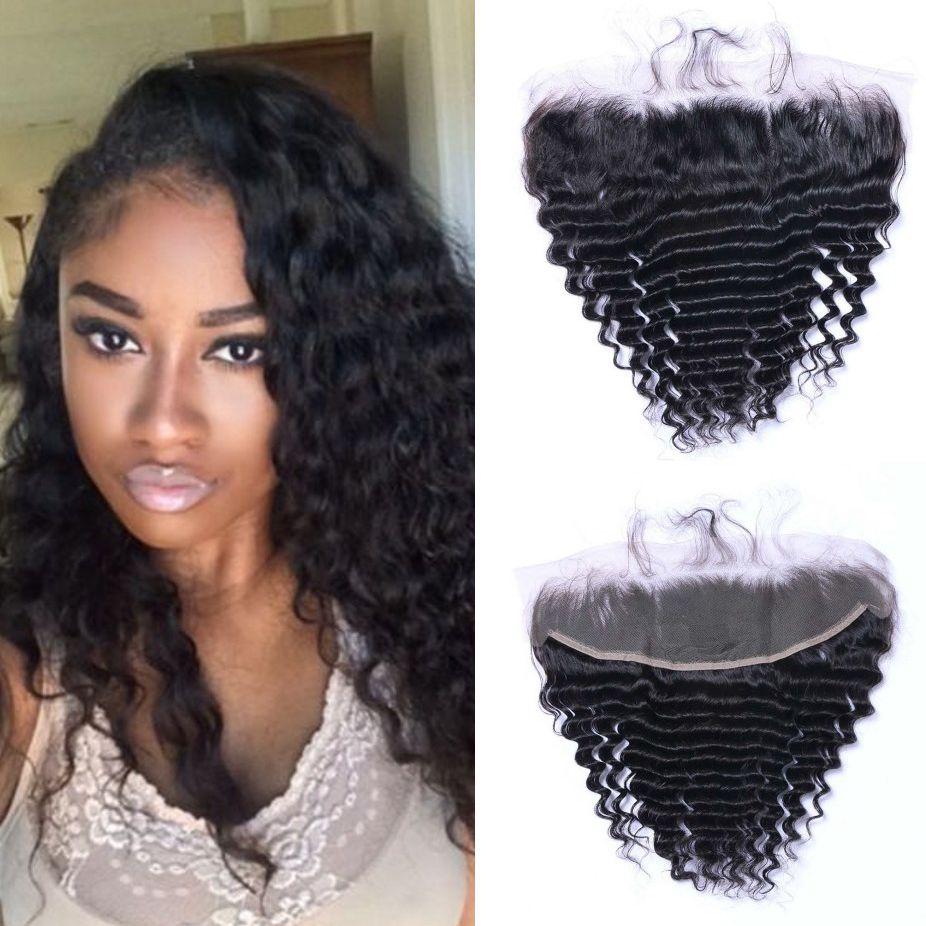 

13x4 Ear to Ear Lace Frontals Closure with Baby Hair Peruvian Deep Wave Human Hair Frontal Natural Color