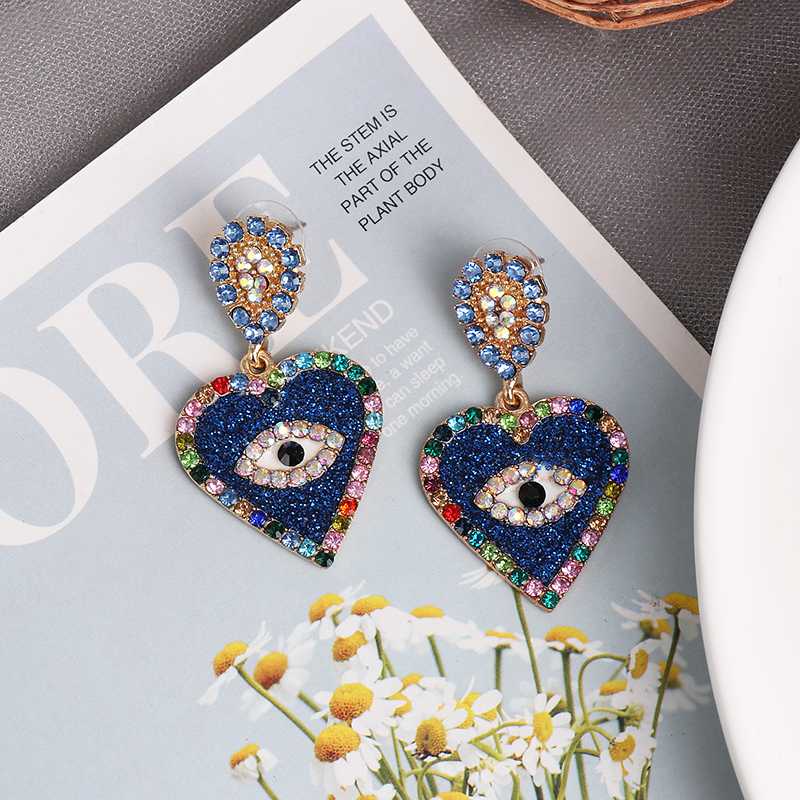 

FASHIONSNOOPS New Blue Evil Eye Drop Earrings For Women Lady's Chic Vintage Exaggerate Statement Love Heart Crystal Earring
